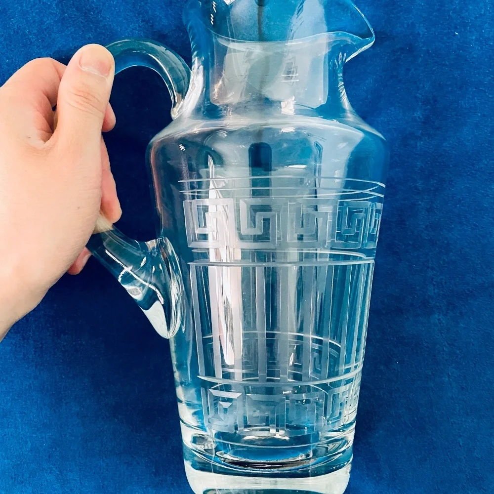 Versace x Rosenthal Meandre Greek Key Clear Glass Crystal Pitcher Vintage - Picture 13 of 14